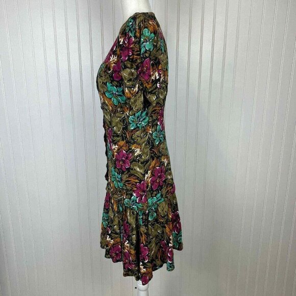 Joni Blair Midi Dress Womens 5‎ Brown VTG 80s Pleated Button Front Floral - Picture 4 of 12